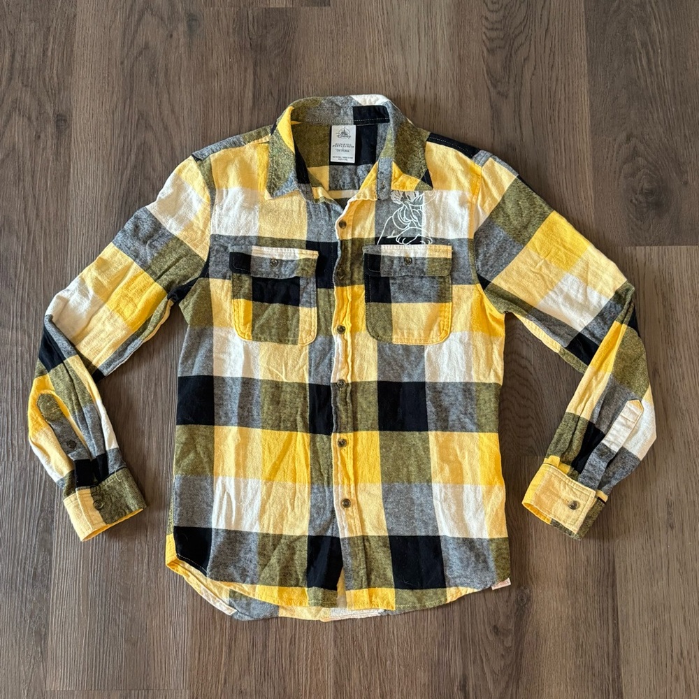 Disney Donald Duck Plaid Flannel Shirt Men's Size L Yellow Black‎ White